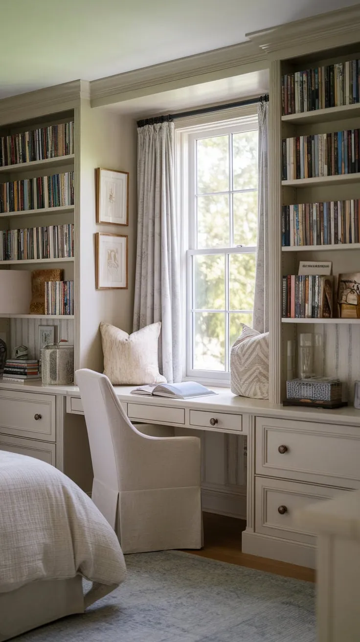 A cozy library bedroom where the pages of life unfold in a soft, inviting embrace.