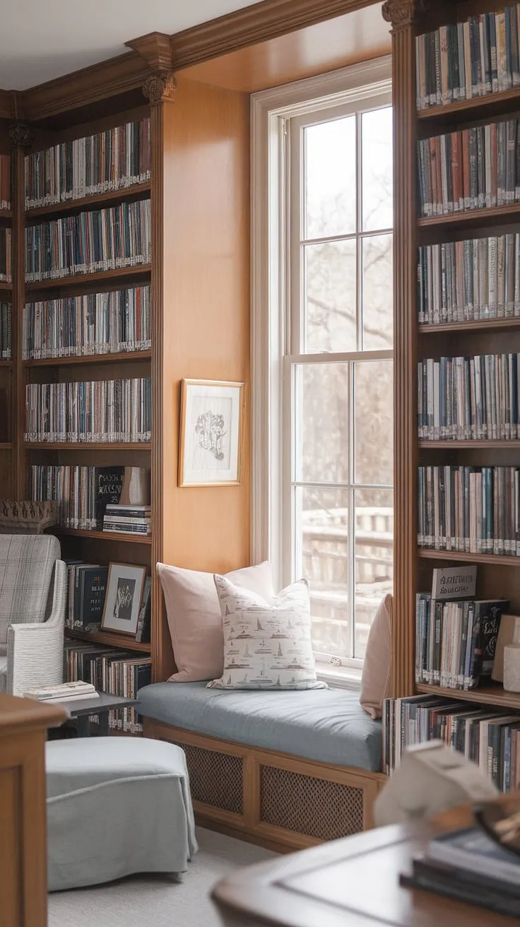 Imagine curling up in this book nook by window, bathed in sunlight. This cozy home library, with its soft library aesthetic and thoughtfully arranged bookshelves, is the epitome of reading nook aesthetic.  Perfect for those seeking library bedroom ideas, this space proves that even a small closet reading nook or walk-in closet book nook can become a secret cozy room brimming with charm.