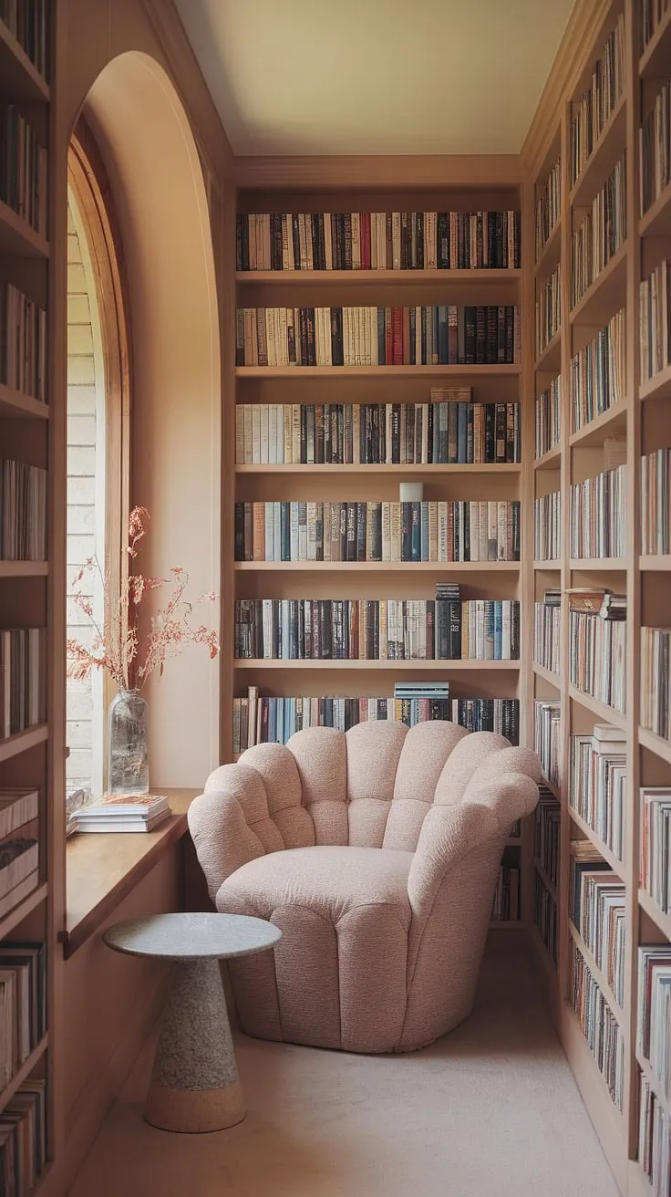 Imagine curling up in this book nooks in bedrooms, a dreamy reading nook aesthetic bathed in warm light. This cozy home library, with its soft library aesthetic, is the epitome of comfort.  Clever library bedroom ideas maximize space, turning a small closet reading nook into a stunning walk-in closet book nook and a secret cozy room for quiet contemplation.