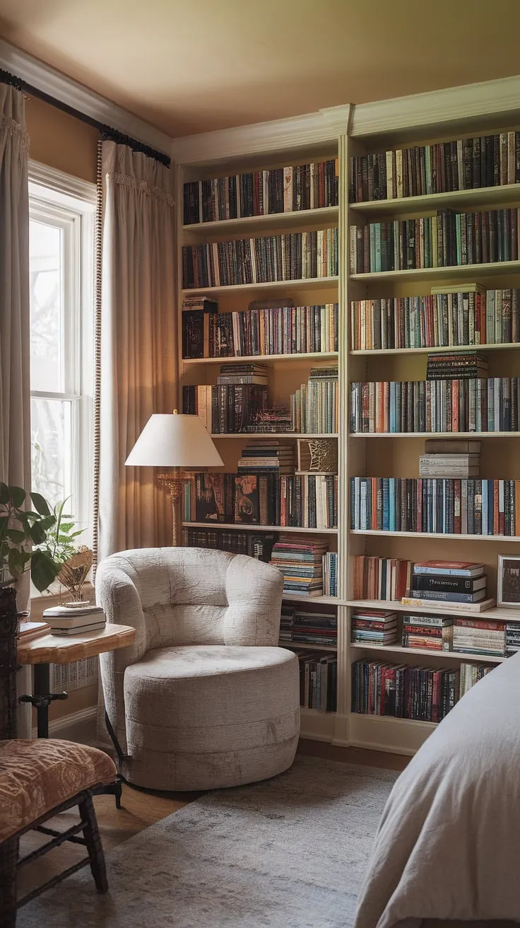 Escape to this secret cozy room, a haven of tranquility where library bedroom ideas bloom.  The book nook by window, bathed in soft light, offers the perfect reading nook aesthetic. This cozy home library, with its small closet reading nook feel, is a dream come true for book lovers.  A walk-in closet book nook transformed into a soft library aesthetic.