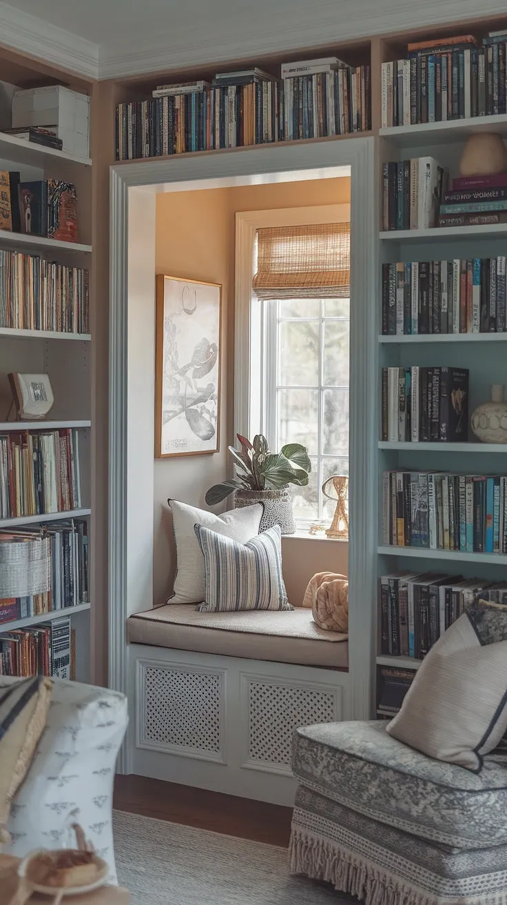 Imagine curling up in this book nooks in bedrooms haven—a small closet reading nook bathed in sunlight, overflowing with books and brimming with a soft library aesthetic.  The perfect blend of cozy home library and reading nook aesthetic, this book nook by window is pure inspiration for your library bedroom ideas.
