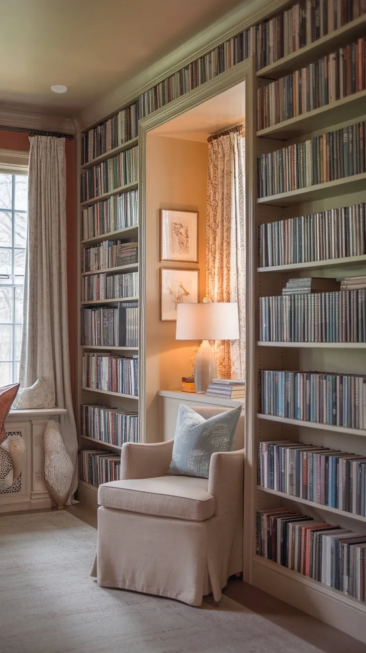 A cozy library-inspired bedroom, where the pages of your favorite books come alive in the soft glow of a reading nook.
