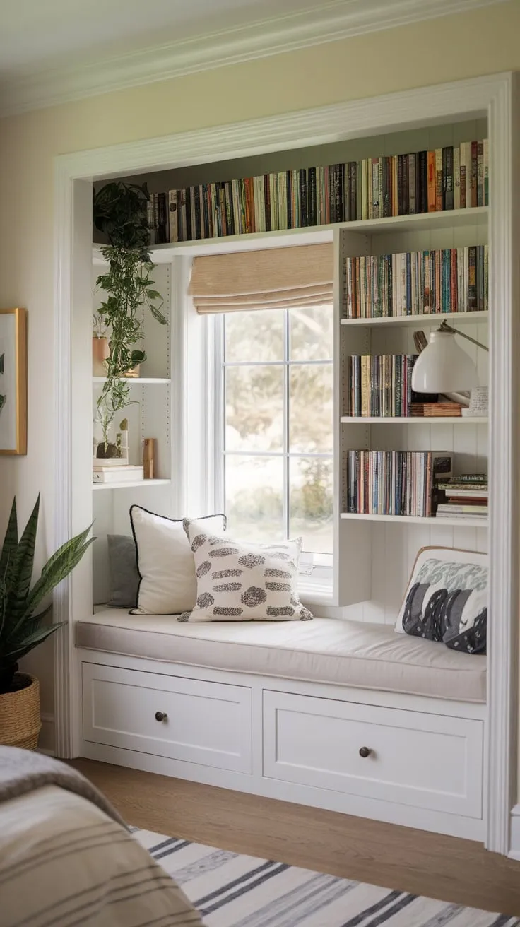 Transforming a humble closet into a literary oasis, where books and comfort intertwine.