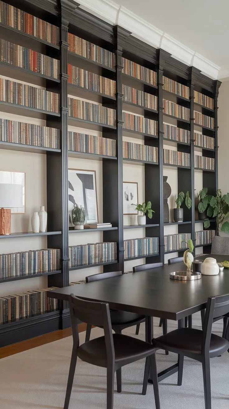 This modern dining room library, a testament to clever space planning, showcases dark accent wall bookshelves built into the wall, creating a stunning focal point.  The built-in library shelves, reminiscent of a Studio McGee design, seamlessly blend the love of books with everyday dining, offering endless home library ideas and inspiration for spare rooms.  Consider this a masterclass in transforming a dining room into a library, or even a dining room craft room combo, showcasing the versatility of built ins for dining rooms.