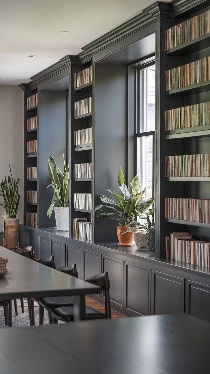 Transform your spare room into a haven of tranquility with this stunning dining room with bookshelf.  The dark accent wall bookshelves, built into the wall, create a dramatic backdrop for both dining and reading.  This modern library interior, featuring built in library shelves and built in shelves around window, is the perfect example of how to convert a dining room to a sitting room, or even an office and dining room combo.  Consider this design for home library ideas, showcasing the possibilities of a dining room library bookshelves and a dining room library.  It's a space that effortlessly blends function and style, offering inspiration for those seeking ideas for spare rooms.