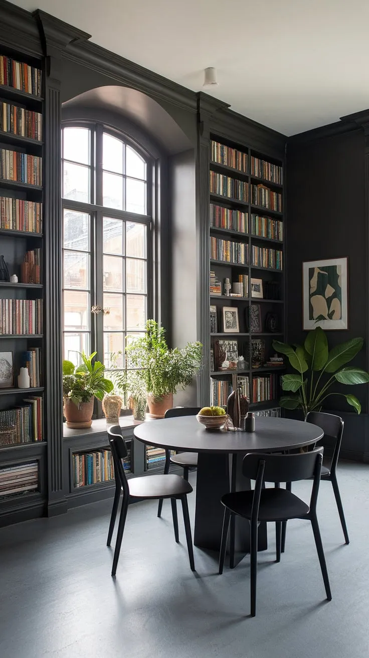 Imagine cozy evenings spent amidst the pages of your favorite novels in this captivating dining room with bookshelf.  The built in shelves around window, a striking feature of the dark accent wall bookshelves, creates a dining room library unlike any other.  This built into wall design offers a wealth of storage, making it an ideal office and dining room combo or even a convert dining room to sitting room solution.  Consider this a masterclass in home library ideas, showcasing the potential of built in library shelves and offering inspiration for those seeking ideas for spare rooms.  The result is a modern library interior that effortlessly blends functionality with style, a true dining room library bookshelves masterpiece.