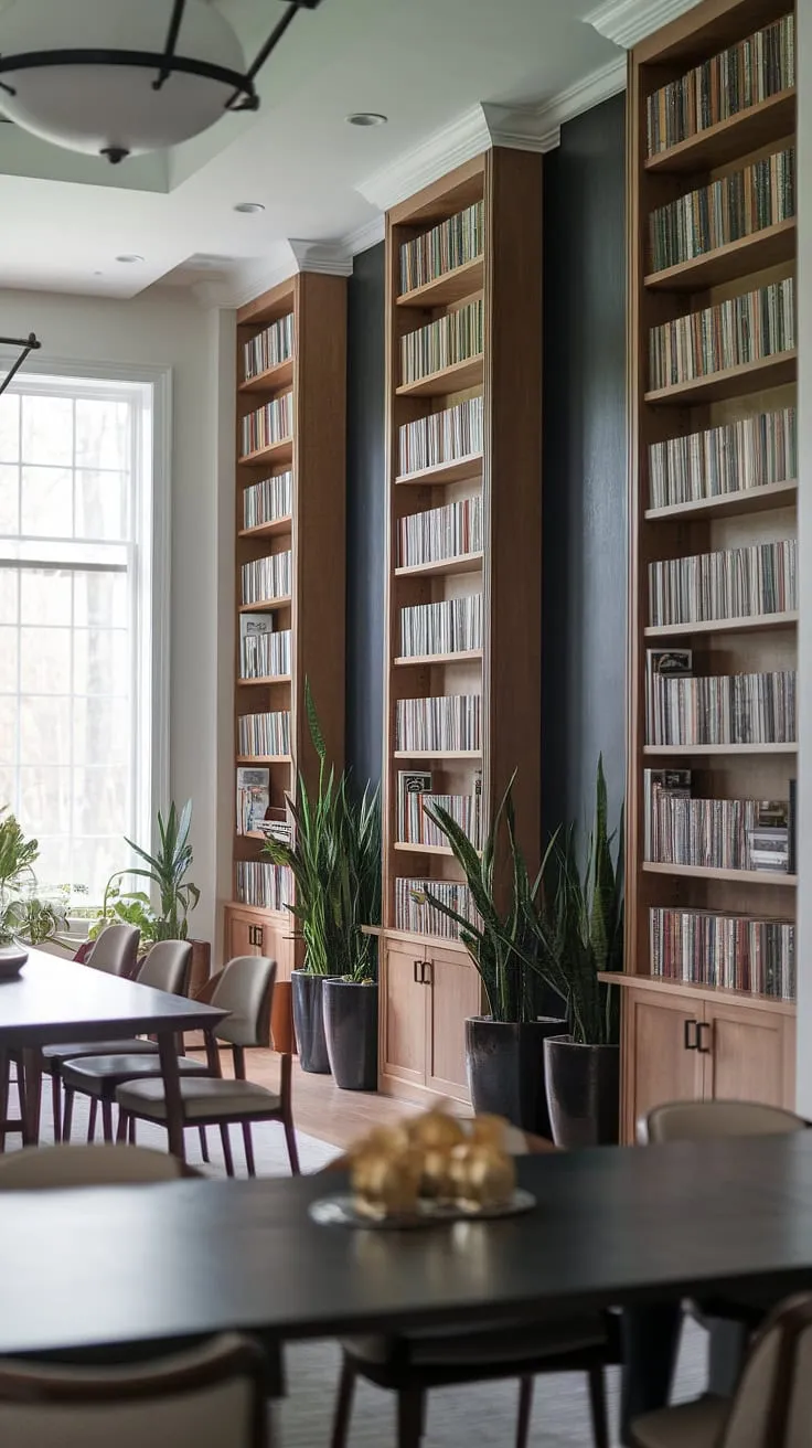 Imagine curling up with a good book in this captivating dining room library.  The book shelves built into wall, from floor to ceiling, create a dramatic focal point against the dark accent wall bookshelves.  This modern library interior is a masterclass in design, effortlessly merging the functionality of a dining area with the cozy charm of a library in the dining room.  Built in library shelves offer endless storage, making this a perfect example of home library ideas and ideas for spare rooms.  Consider converting your dining room to a sitting room, or even an office and dining room combo, inspired by this stunning space.  The built in shelves around window add a touch of elegance, showcasing the potential of built ins for dining room.