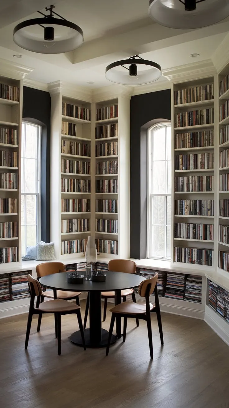 Imagine curling up with a good book in this captivating dining room library.  The built in library shelves, extending from floor to ceiling and around the window, create a breathtaking dark accent wall bookshelves feature. This modern library interior is a testament to clever space planning—a perfect example of how to turn a dining room into a library, or even a convert dining room to sitting room.  It's a showcase of built in shelves around window, offering practical storage and aesthetic appeal.  Overflowing with ideas for spare rooms, this space is a dream for book lovers, demonstrating the potential of dining room with bookshelf design, and the possibilities of dining room library bookshelves.