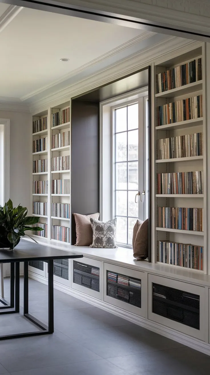 This modern dining room library, featuring dark accent wall bookshelves built into the wall and around the window, seamlessly blends functionality and style.  Built-in library shelves create a stunning focal point, offering ample space for a growing collection.  Perfect home library ideas for those considering how to turn a dining room into a library, or even a dining room craft room combo, this design showcases the potential of built ins for dining room spaces.  Consider this inspiration for ideas for spare rooms, or even converting a dining room to a sitting room, or office and dining room combo.  The Studio McGee library room aesthetic is subtly present in the clean lines and thoughtful design.