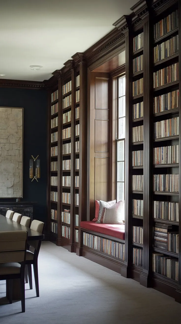 This dining room library, a stunning example of modern library interior design, seamlessly blends functionality and style.  The dark accent wall bookshelves, built into the wall from floor to ceiling, create a dramatic backdrop for the dining table.  Built in library shelves around the window maximize natural light, while the built ins for dining room offer ample storage.  This space showcases brilliant home library ideas, perfect for those considering how to turn a dining room into a library or create a dining room craft room combo.  It's a testament to the possibilities of built in shelves around window and offers inspiring ideas for spare rooms.