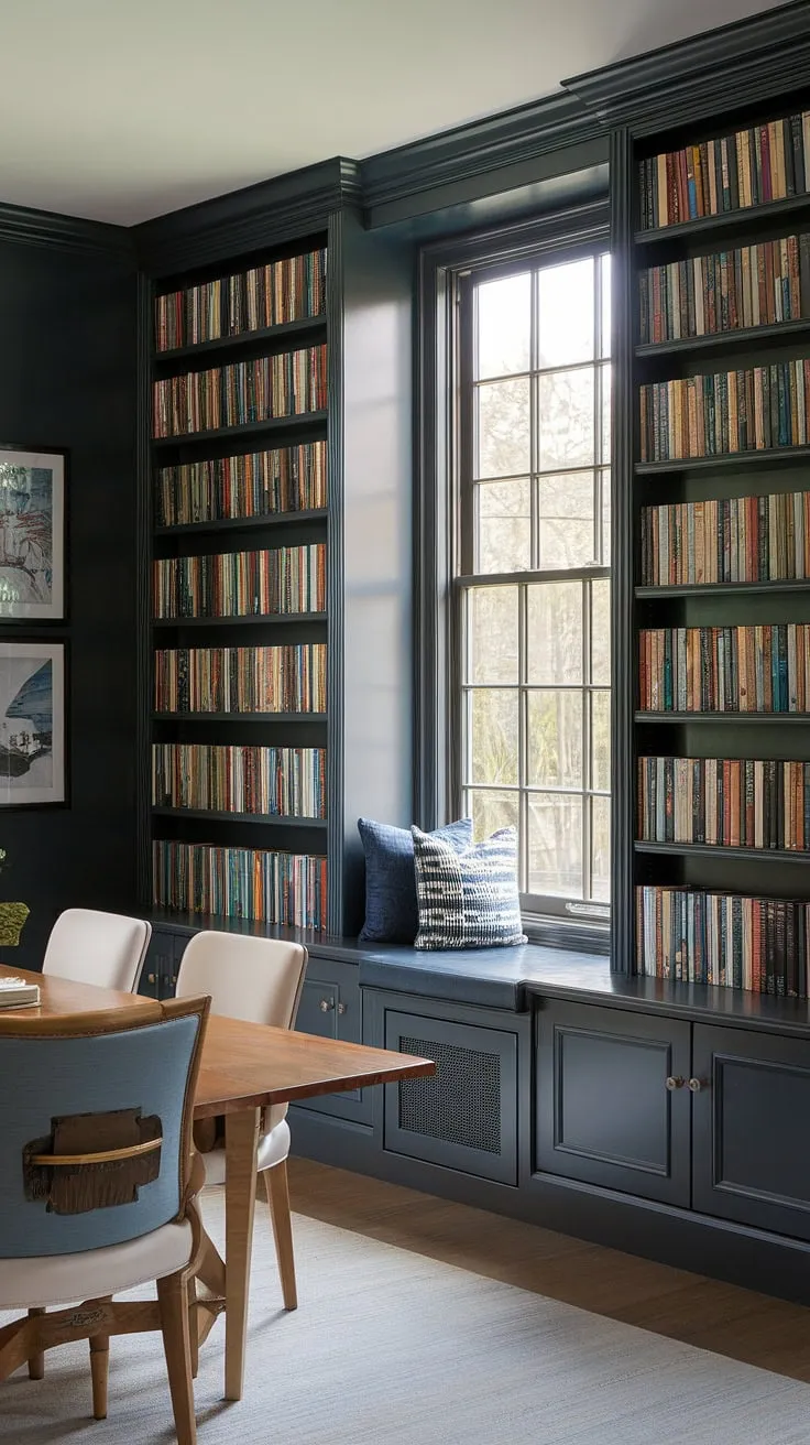 Dark accent wall bookshelves create a dramatic backdrop for this dining room library, seamlessly blending the love of books with everyday life.  Built-in shelves around the window maximize space and natural light, offering endless home library ideas. This modern library interior is a testament to clever design, showcasing built-in library shelves and built ins for dining room functionality.  Consider this inspiration if you're looking for ideas for spare rooms, or want to turn your dining room into a library, or even create a dining room craft room combo.