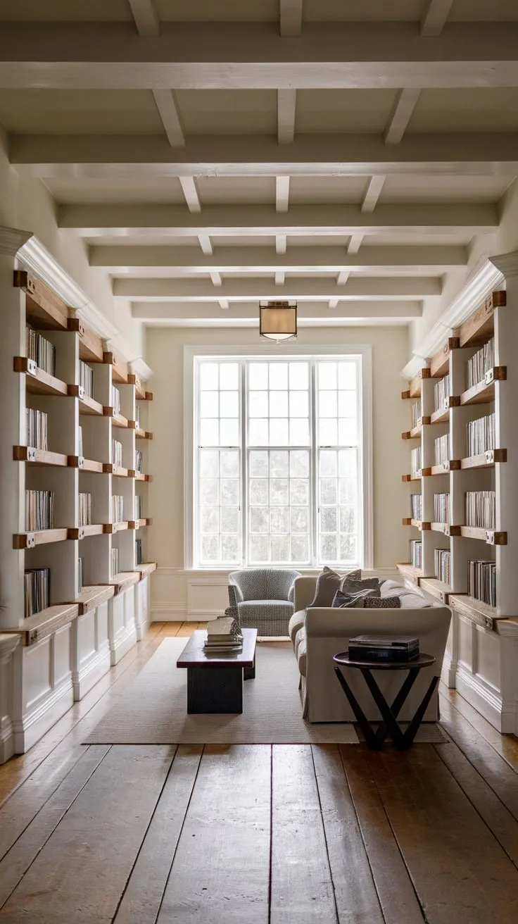 Books, beams, and blissful relaxation: a library living room redefined.