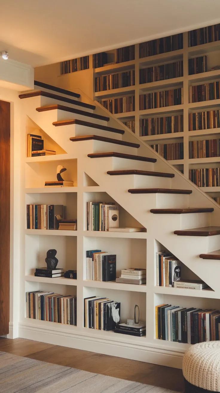Under-stair haven: my library nook, a cozy escape.