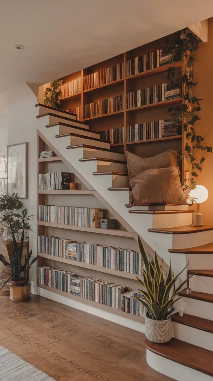 Under-the-stairs haven: my library nook, where stories unfold.