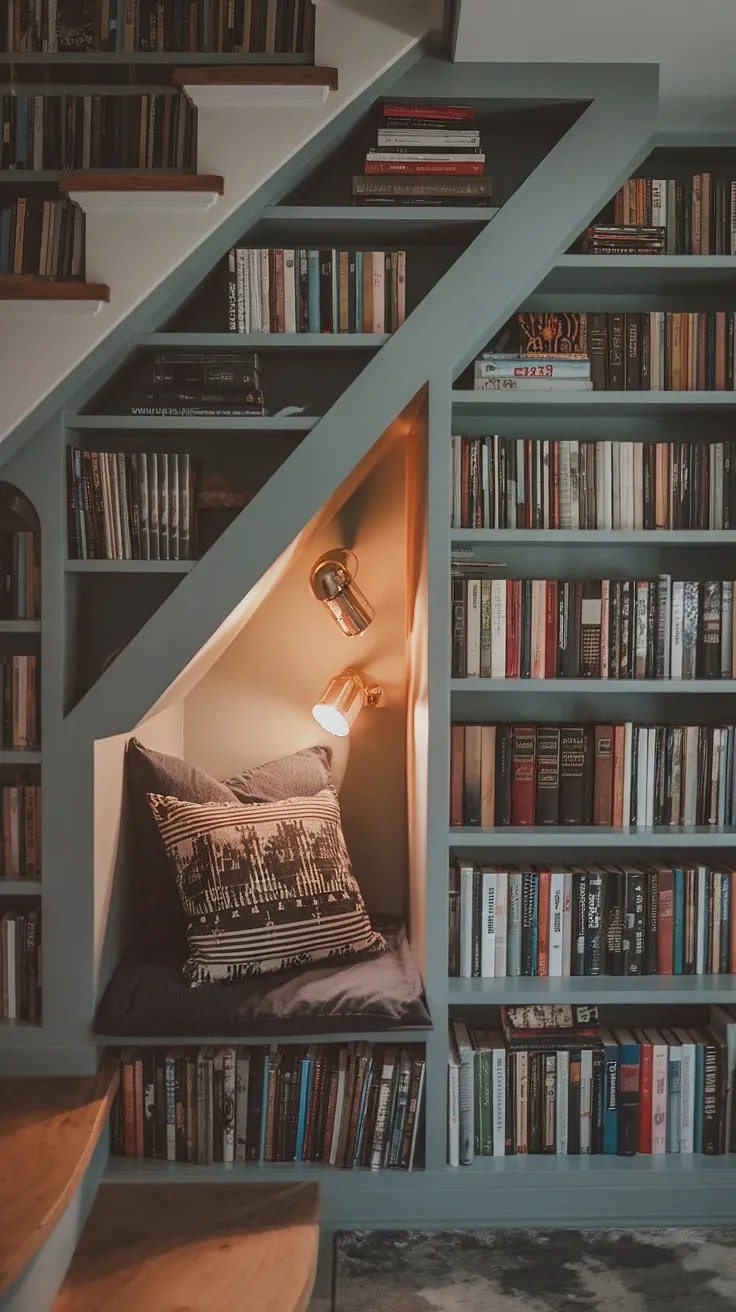 Unwind in this cozy library nook, tucked cleverly under the stairs.  The modern British interior, complete with angled wall shelving and big bookshelf ideas, creates a unique library room perfect for escaping into a good book. This small home library design proves that even a small library study room can be a haven of reading library aesthetic.  It's the ultimate reading built in nook, offering room inspo with bookshelf solutions for any unique spaces in a home.