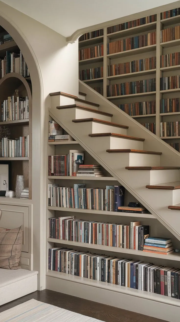 This contemporary home library, boasting a modern British interior, showcases clever space-saving solutions.  The under stair library, complete with a big bookshelf, seamlessly integrates with the arched library shelves and angled wall shelving, creating a cozy library nook perfect for escaping into a good book.  Reading nook ideas abound, from the built-in bookcase corner to the charming reading nook at the top of the stairs. This small home library design, a unique space in a home, offers a reading library aesthetic that's both functional and aesthetically pleasing; a small library study room, cozy library bedroom, or library in living room, all rolled into one.  Room inspo with bookshelf? This is it.
