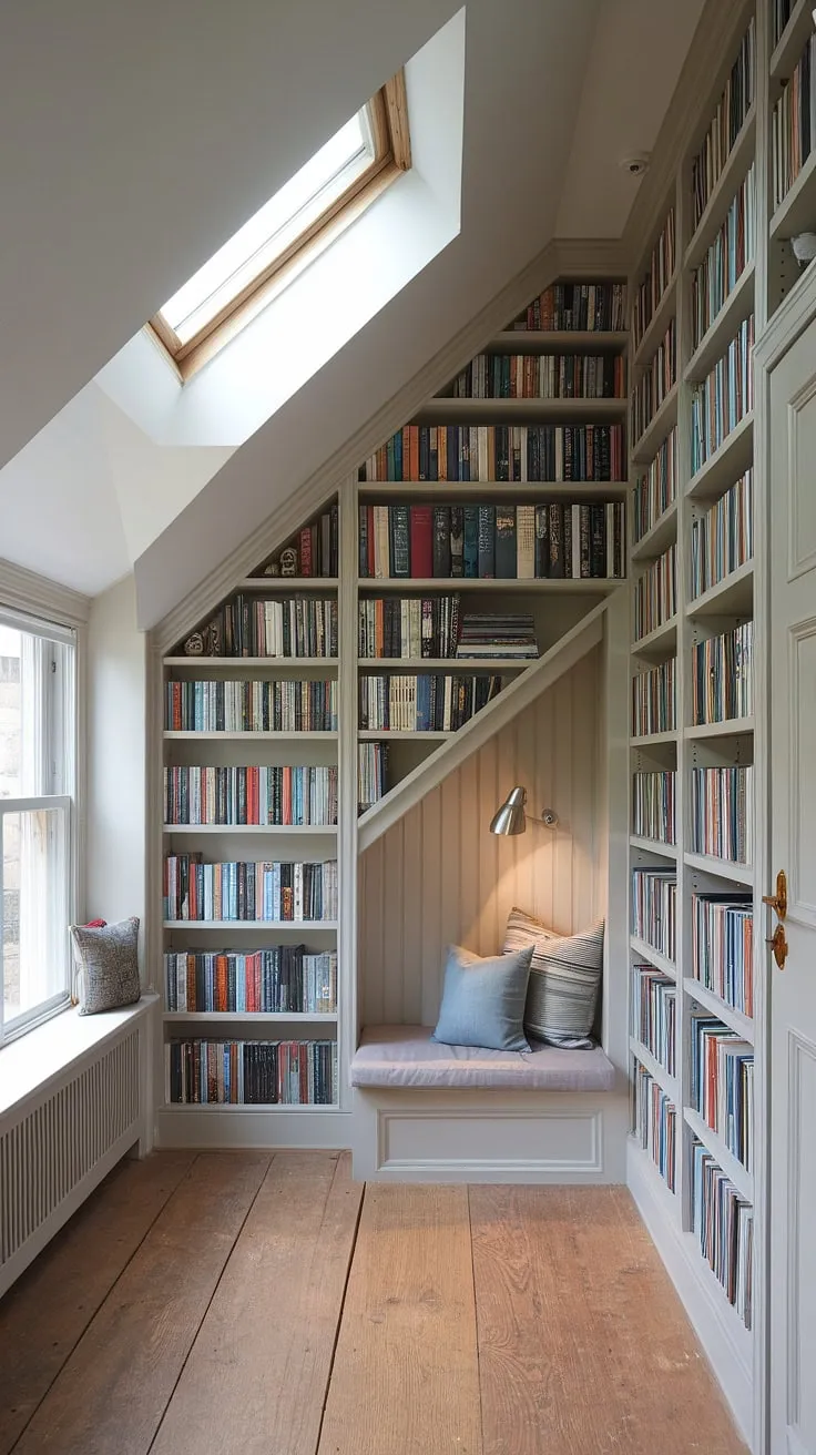 This unique library room boasts a captivating blend of modern British interior and cozy functionality.  The built in bookcase corner, featuring a reading built in nook under the stairs, transforms a small library room into a haven for book lovers.  This small home library design, with its angled wall shelving and skylight, offers ample storage and a perfect spot to unwind.  Explore reading nook ideas and big book shelf ideas within this library in living room, a testament to the power of unique spaces in a home and the ultimate reading nook top of stairs.  A true contemporary home library and room inspo with bookshelf.