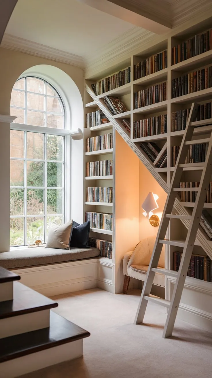This unique library room showcases the best of small home library design.  The built ins with reading nook, featuring arched library shelves and angled wall shelving, create a stunning contemporary home library.  A cozy library nook, nestled beneath the stairs, provides the perfect spot to lose yourself in a good book. This library in living room or small library study room is a masterclass in maximizing space, offering big bookshelf ideas and reading nook ideas within a modern British interior.  The reading library aesthetic is complete with a comfortable chair and soft lighting, making it the ultimate room inspo with bookshelf for any home.