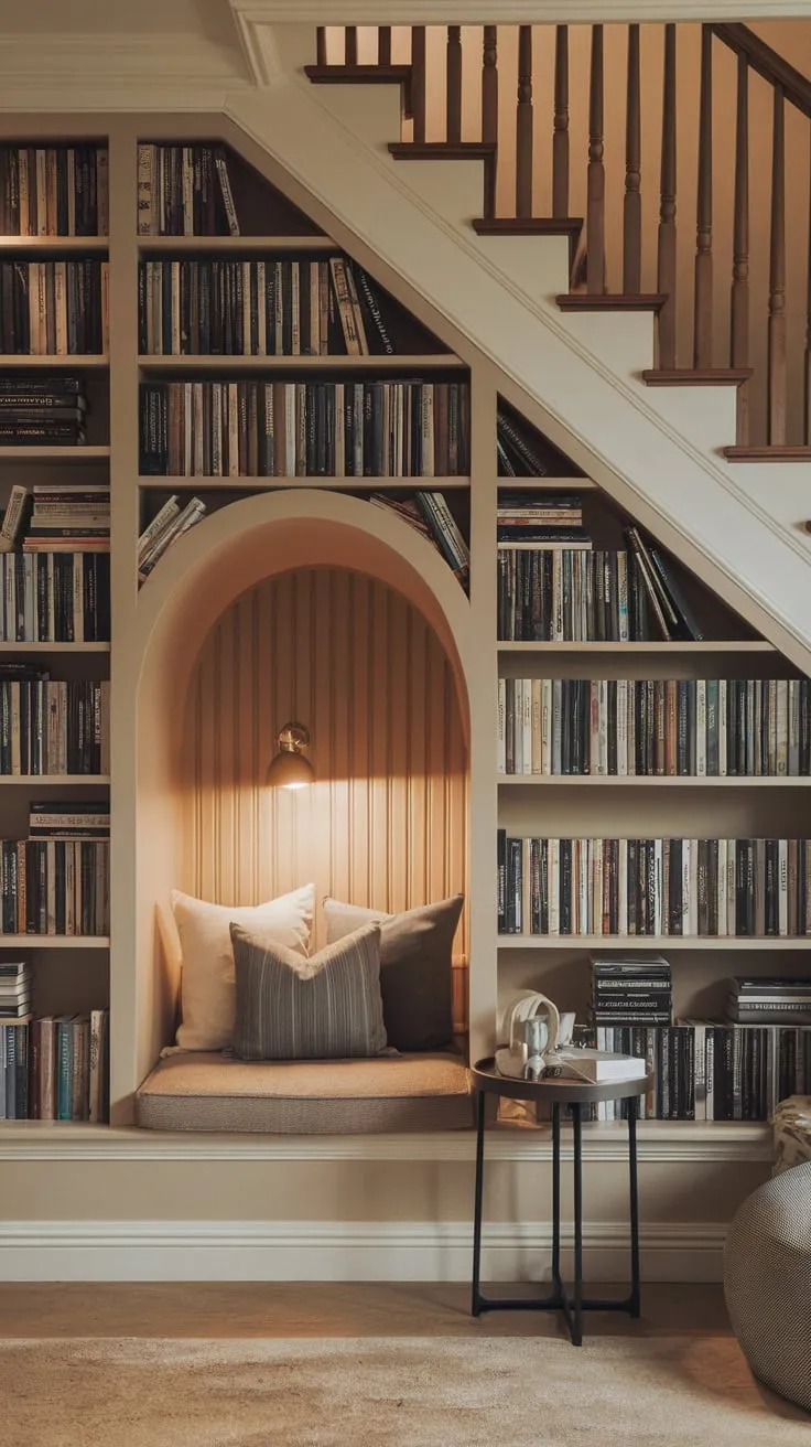 Under-stair haven: my library nook, a world of stories awaits.