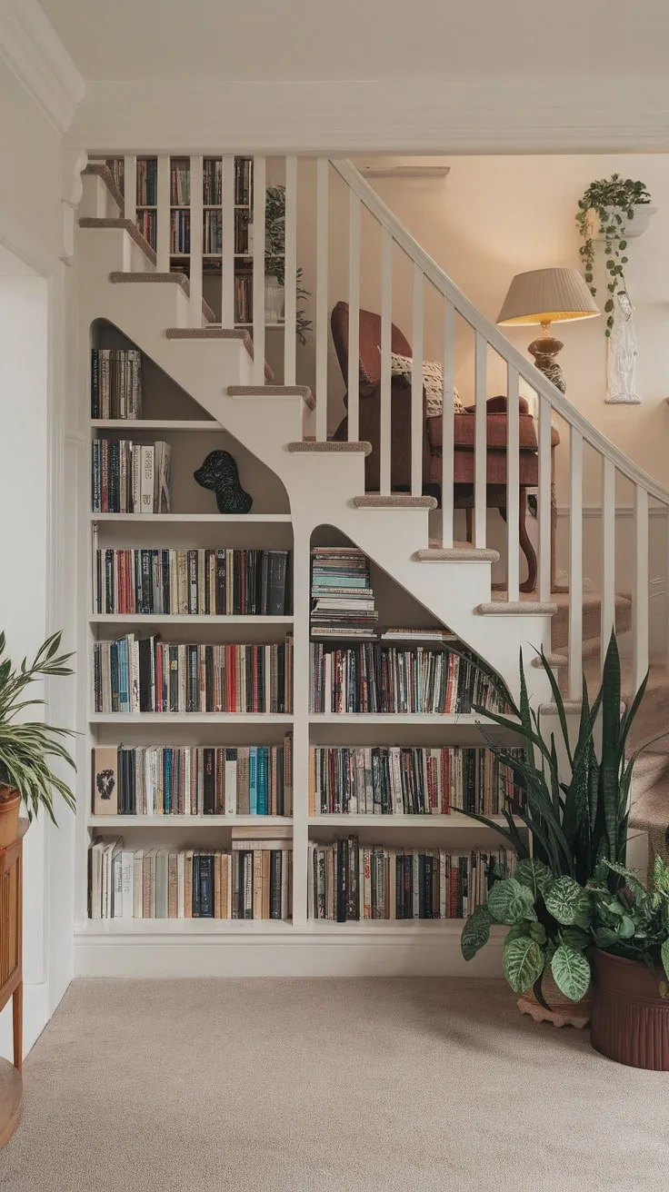 Under-the-stairs enchantment: a library nook where stories unfold.