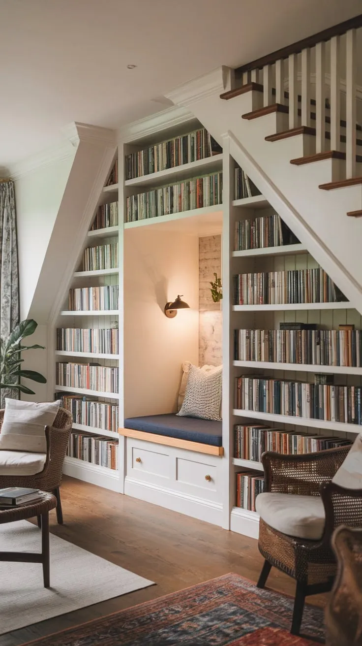 Under the stairs, a library nook dreams are made of.