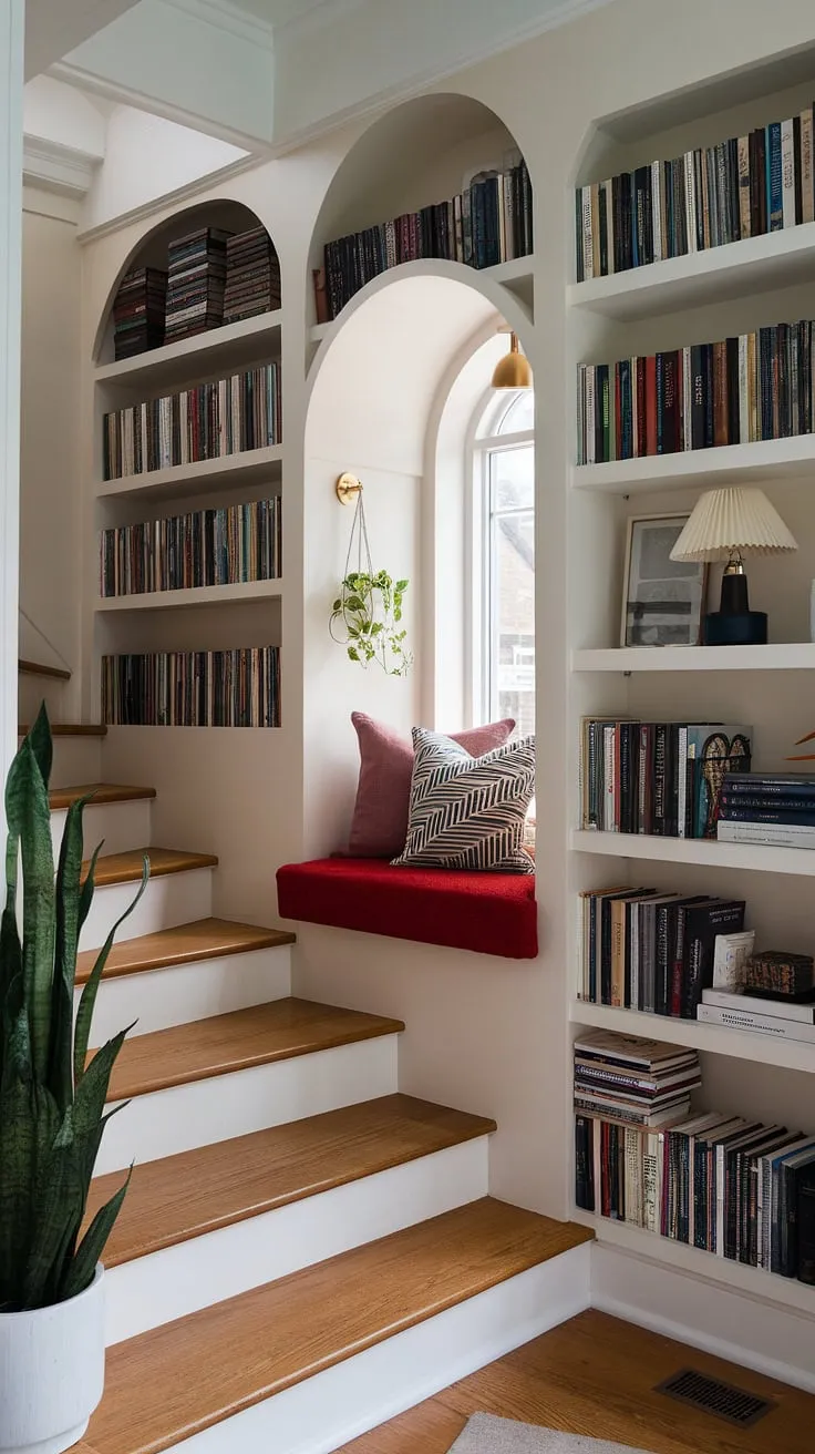 Discover the magic of this under stair library, a cozy library bedroom alternative. This small library room, a stunning example of built ins with reading nook, features arched shelves and a reading nook top of stairs. The reading library aesthetic is effortlessly achieved with the modern British interior design and the strategically placed plants and lamp. This small home library design is a masterclass in library in living room functionality, showcasing angled wall shelving and big bookshelf ideas.  It's the ultimate reading nook ideas and a perfect example of a contemporary home library, a unique library room brimming with room inspo with bookshelf.