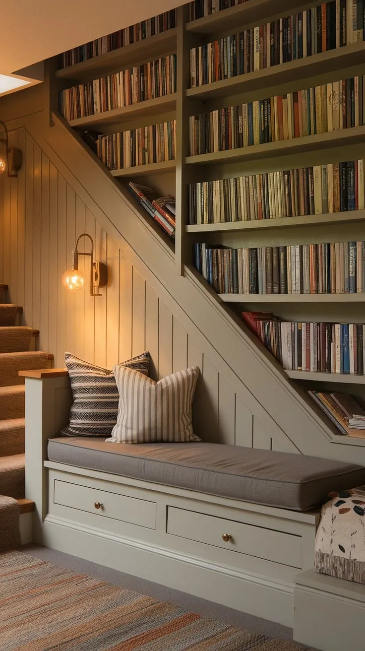 This contemporary home library is a testament to clever small home library design.  The cozy library bedroom-esque reading nook, nestled under the stairs, is a dream come true.  Built-in bookcase corner units with angled wall shelving create a unique library room, brimming with reading nook ideas.  The library in living room setup, complete with a plush rug and warm lighting, embodies the aesthetic cozy library vibe. This unique spaces in a home concept showcases how a reading nook top of stairs can be both functional and stunning, offering big bookshelf ideas within a small library study room.  It's the perfect blend of modern British interior and cozy library nook.