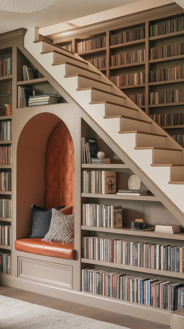 Escape to this contemporary home library, a haven of modern British interior design.  The angled wall shelving and arched library shelves create a unique library room, showcasing big bookshelf ideas within a small home library design.  A cozy library nook, complete with a reading built-in nook nestled at the top of the stairs (reading nook top of stairs), offers the perfect spot for quiet contemplation. This small library study room, a true gem of unique spaces in a home, embodies the reading library aesthetic perfectly.  Built-ins with reading nook and a built-in bookcase corner maximize space, making it the ultimate room inspo with bookshelf.