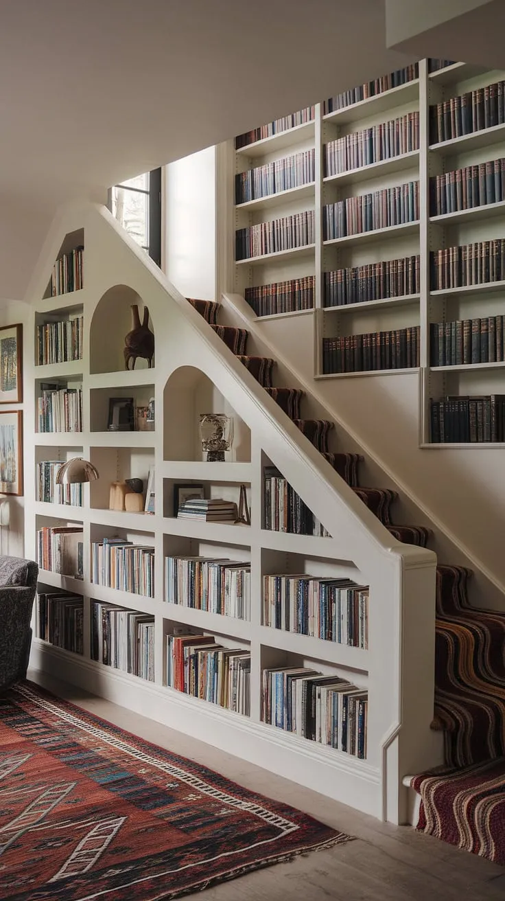 This aesthetic cozy library, a small library room brimming with character, features a built-in bookcase corner with arched library shelves and a captivating reading nook top of stairs. The angled wall shelving maximizes space in this unique library room, showcasing big bookshelf ideas within a modern British interior.  Perfect for those seeking small home library design inspiration or reading nook ideas, this under stair library and library in living room concept offers a cozy library nook and built ins with reading nook that redefine unique spaces in a home.  It's the ultimate reading library aesthetic and room inspo with bookshelf.