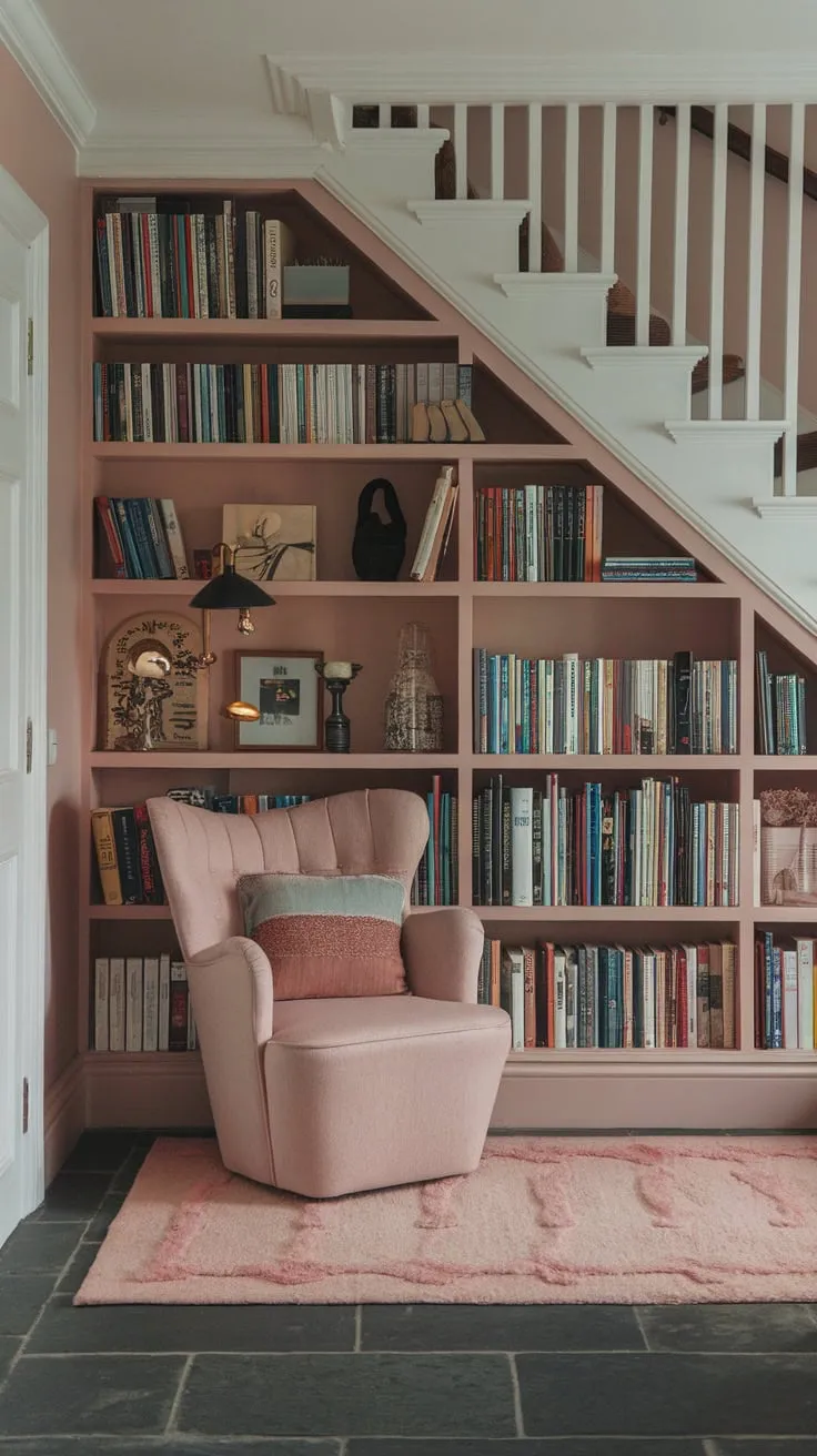 Under-staircase haven: my library nook, perfectly imperfect.