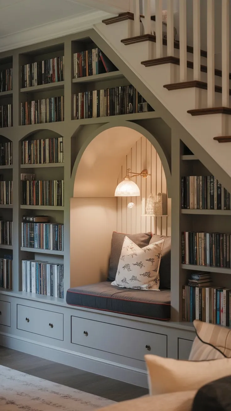 My library nook: where stories unfold under the stairs.