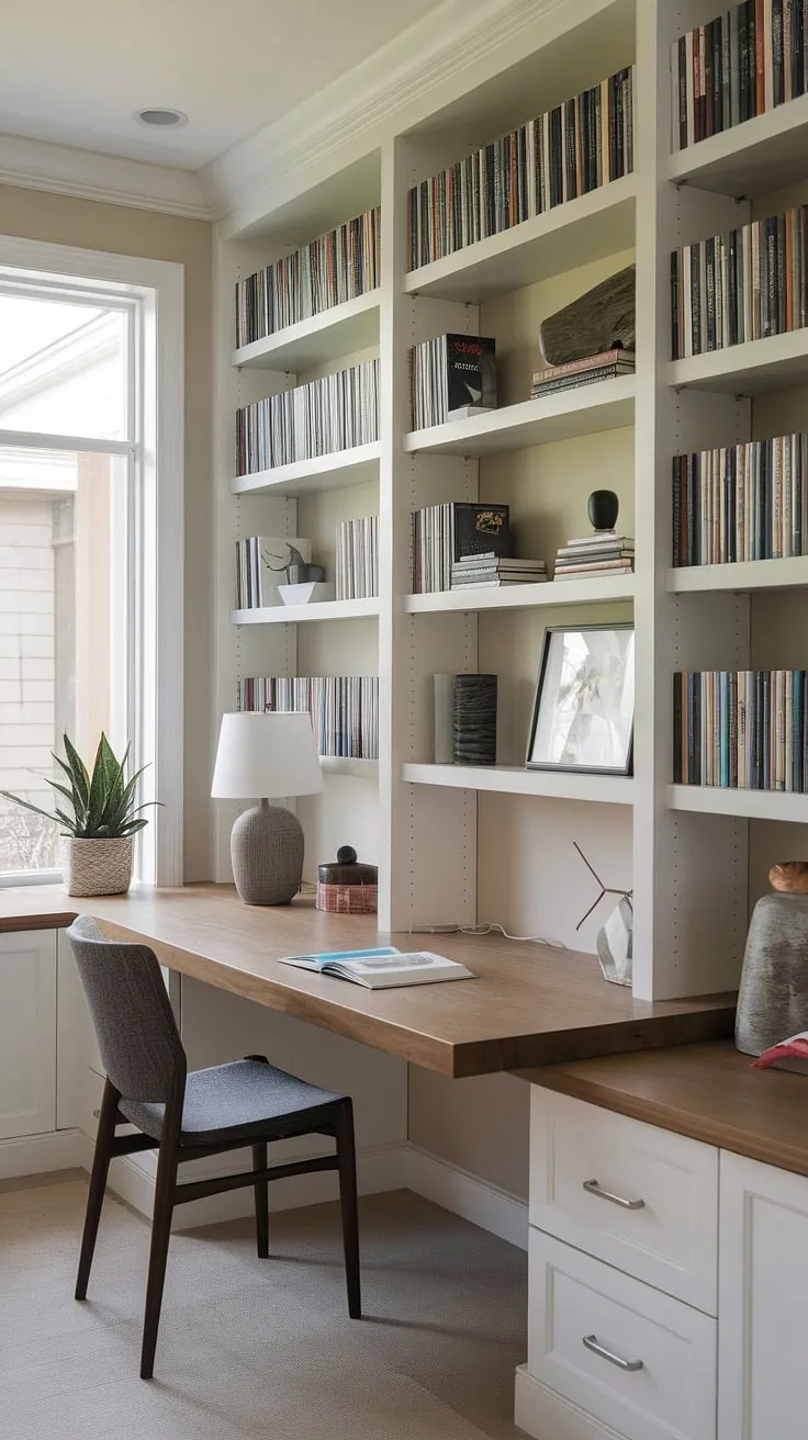 This modern office library design seamlessly blends functionality and style. The built-in desk small office, complete with an office window desk, provides the perfect workspace, while the wall of bookshelves office offers endless inspiration.  A small library and office room, all in one.