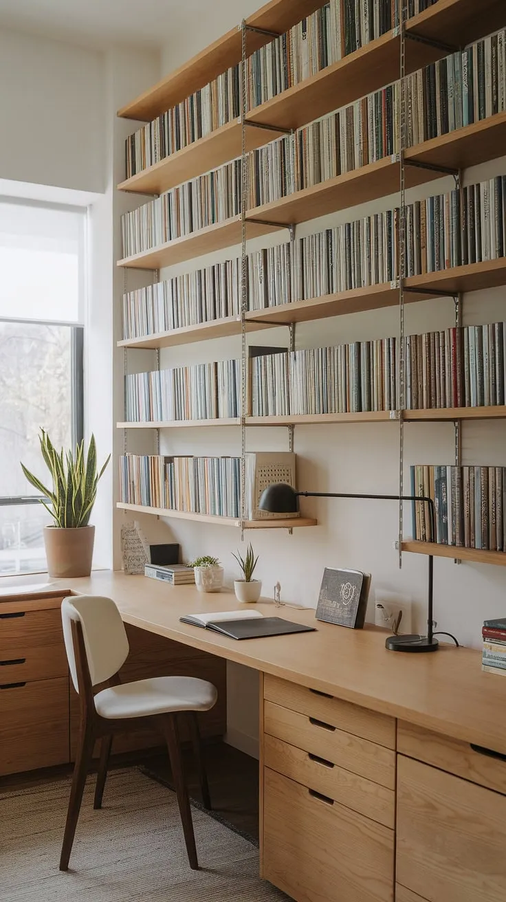 Sunlight streams through the office window desk, illuminating a perfectly organized workspace.  This modern office library design features a built-in desk small office, seamlessly integrated with a wall of bookshelves office, creating the ultimate reading room with desk and small library and office room. The bookshelf in home office provides ample storage, while the desk in built-in bookcase offers a practical and stylish workspace.
