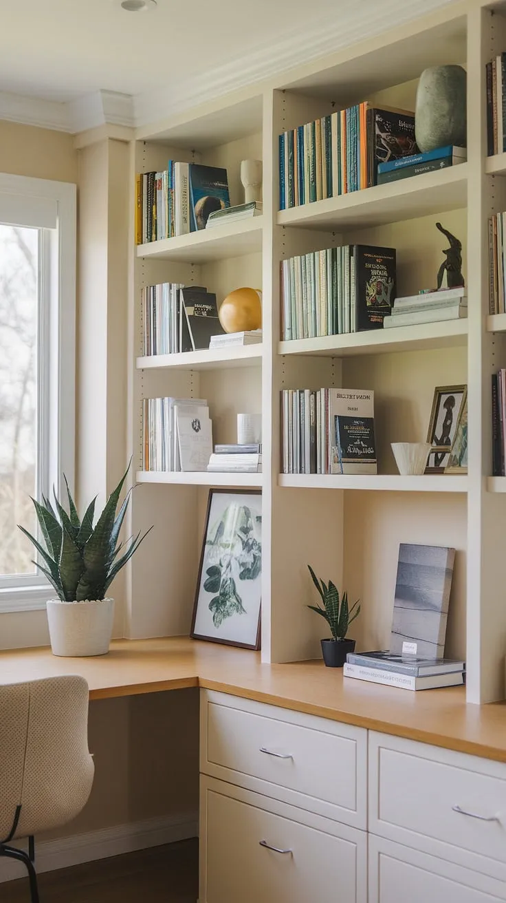 This built-in desk small office maximizes space with clever design.  A bookshelf in home office, filled with beloved books and decorative accents, creates a calming atmosphere. The office window desk provides ample natural light, perfect for focused work or quiet reading.  The desk in built-in bookcase is a stunning example of modern office library design.