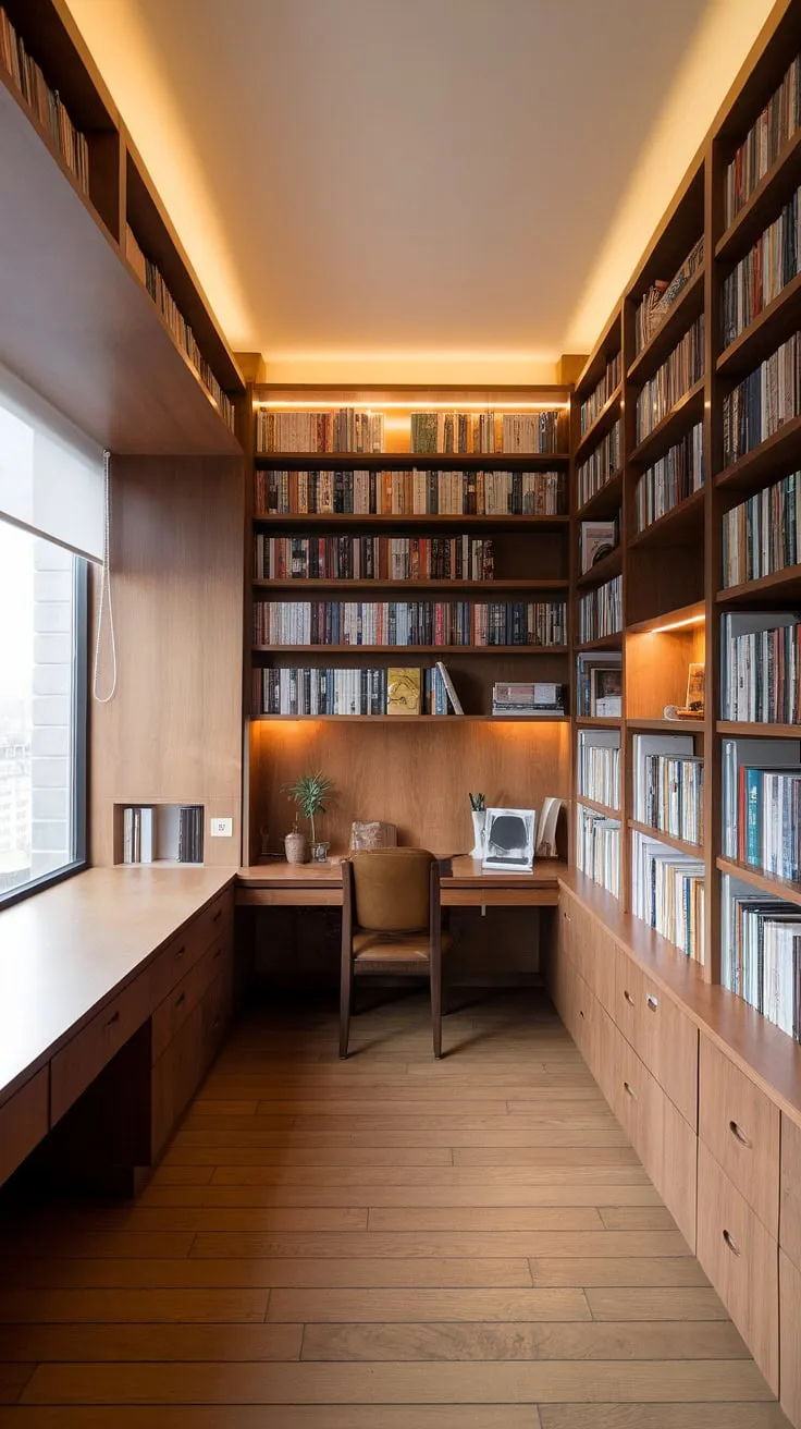 This modern office library design seamlessly blends work and leisure.  The built-in desk, nestled within a wall of bookshelves, maximizes space in this small library and office room.  The office window desk offers a tranquil view, perfect for focused work or quiet reading. A reading room with desk completes this home office with bookshelf, a true sanctuary for the book-loving professional. The desk in built-in bookcase is a clever use of space.