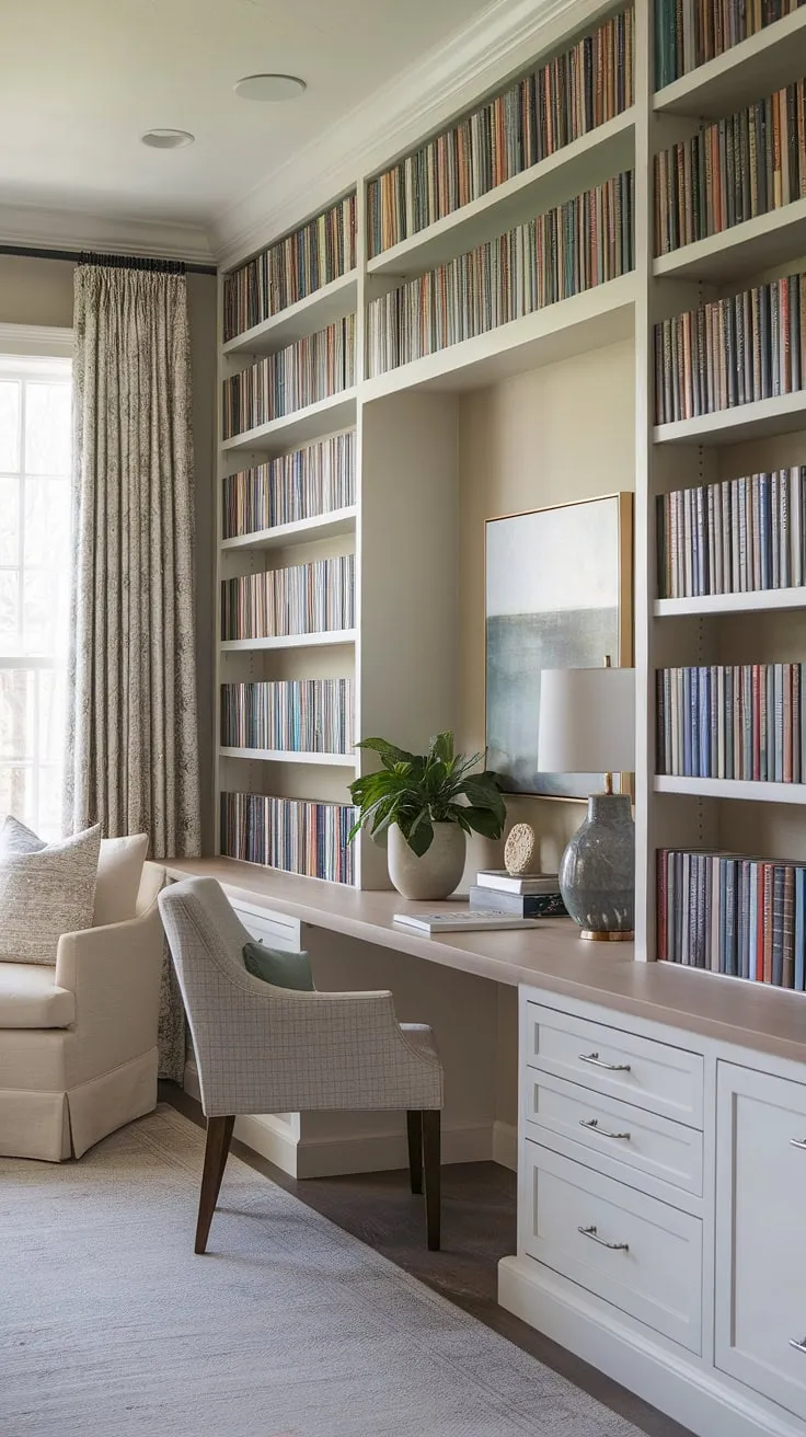 My sanctuary: a small library and office room where the desk in built-in bookcase blends seamlessly with a wall of bookshelves office. This modern office library design maximizes space, creating the perfect reading room with desk and a cozy atmosphere.  The bookshelf in home office is my favorite feature.