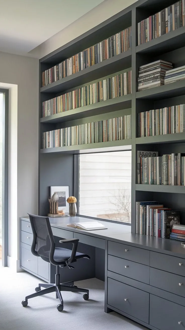 Imagine your ideal reading room with desk: a built-in bookshelf in home office, overflowing with literary treasures, overlooking a tranquil view. This small office boasts a stunning modern office library design, featuring a desk in built-in bookcase and an office window desk that floods the space with light.  The perfect blend of functionality and style, this small library and office room is a testament to efficient space planning.