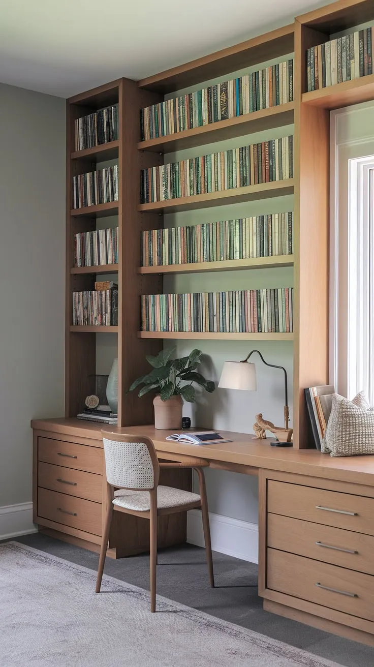 A built-in desk small office solution, this home office with bookshelf boasts a stunning wall of bookshelves office.  The desk in built-in bookcase design is both practical and aesthetically pleasing, creating a sophisticated bookshelf in home office environment.  Natural light streams in through the office window desk, illuminating the carefully curated collection.  The perfect blend of workspace and personal library.