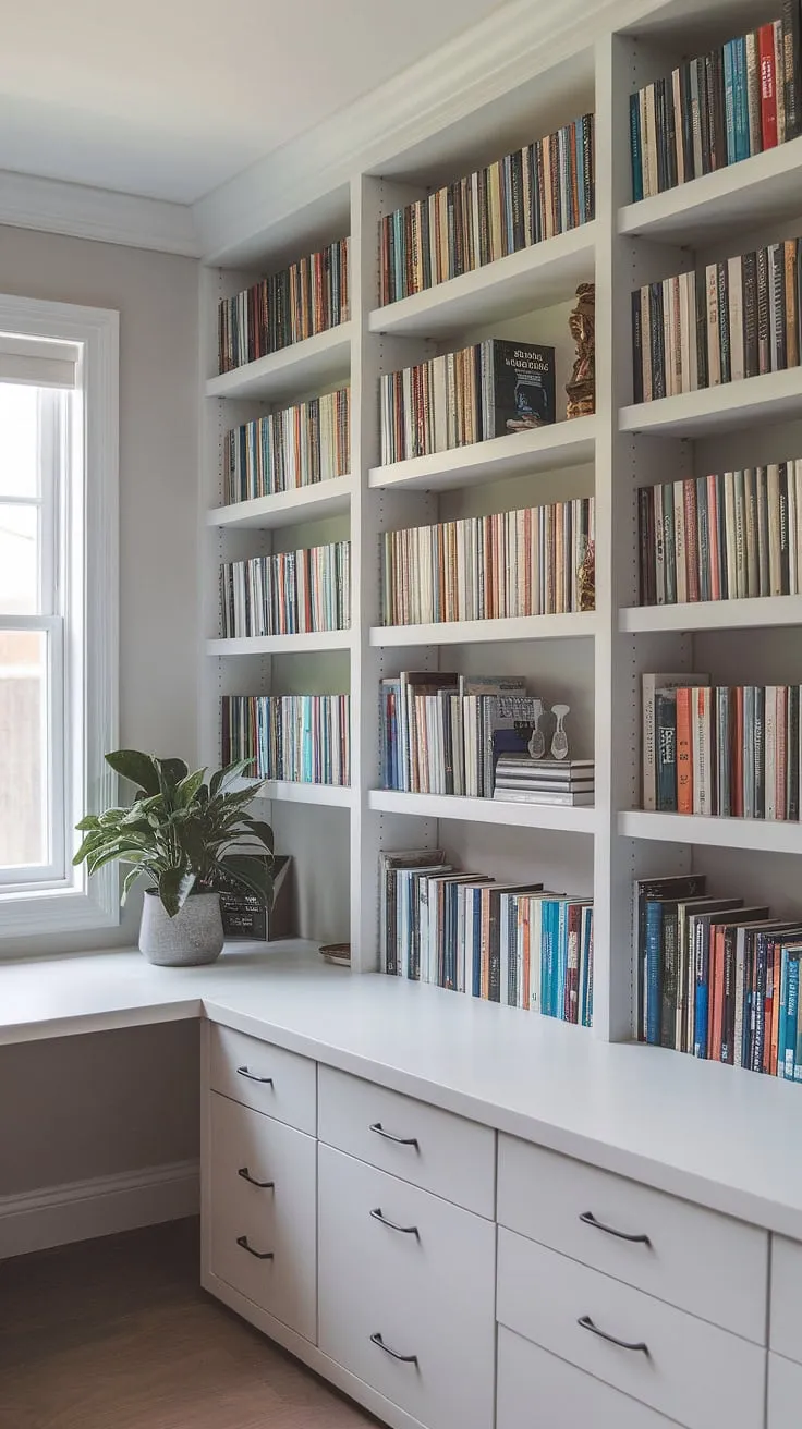 This home office with bookshelf boasts a stunning built-in desk small office and a wall of bookshelves office, creating a sophisticated and efficient workspace. The office window desk offers natural light, perfect for reading or working.  This modern office library design is a dream for book lovers, transforming a small library and office room into a sanctuary of productivity and inspiration. The desk in built-in bookcase is a space-saving marvel.