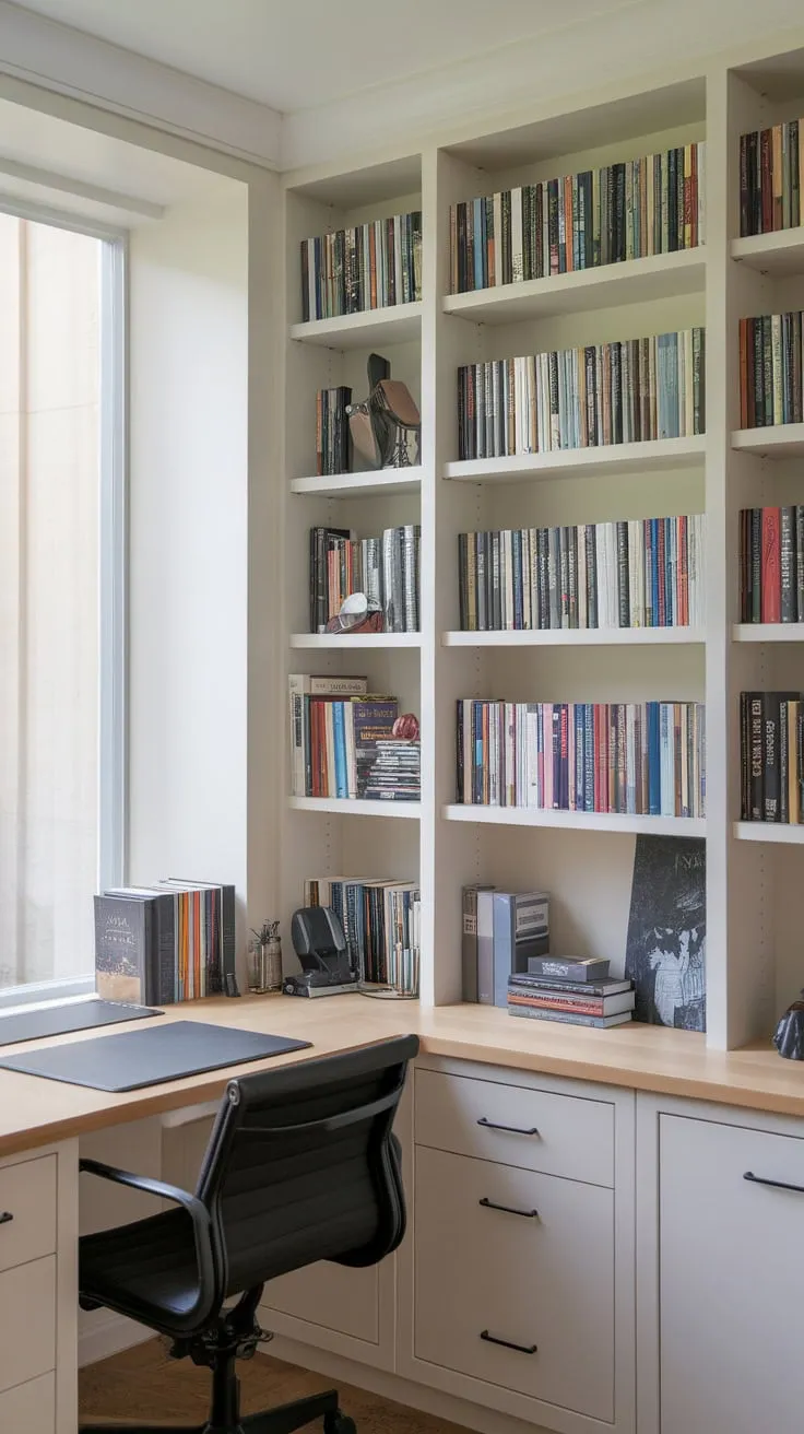 Home office goals: a built-in bookshelf and a view.