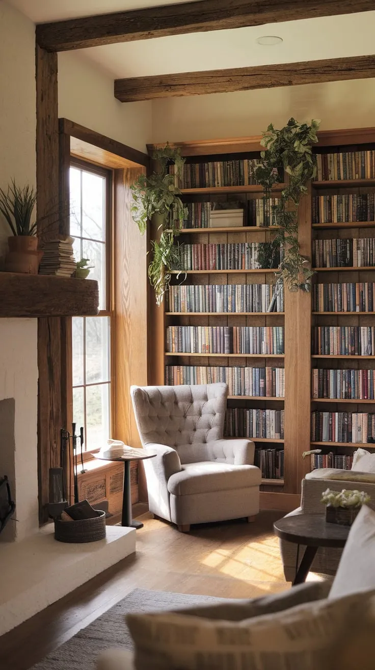 Imagine curling up in the reading nook by the fireplace of this rustic library room.  The light and airy library, filled with the scent of old books and thriving plants, offers a calm library aesthetic that's pure bliss.  This library with plants is the ultimate dream book room, brimming with home library ideas for creating your own sanctuary.  Houses with libraries this charming are the stuff of dreams.