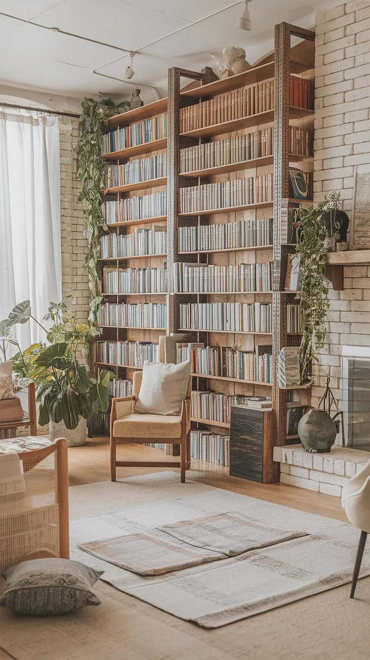 Escape to this calm library aesthetic, a dream book room where rustic charm meets light and airy serenity.  The reading nook by the fireplace, nestled amongst overflowing bookshelves and lush plants, embodies the perfect home library ideas for houses with libraries. This rustic library room is a sanctuary of cozy library aesthetic.