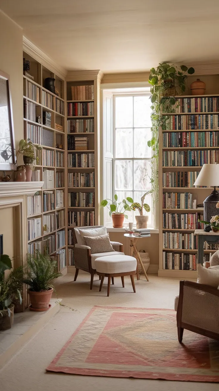 Escape to this calm library aesthetic, a rustic library room brimming with light and airy charm.  The reading nook by the fireplace, nestled amongst floor-to-ceiling bookshelves overflowing with stories and potted plants, embodies cozy library aesthetic perfection.  This dream book room offers endless home library ideas for houses with libraries.