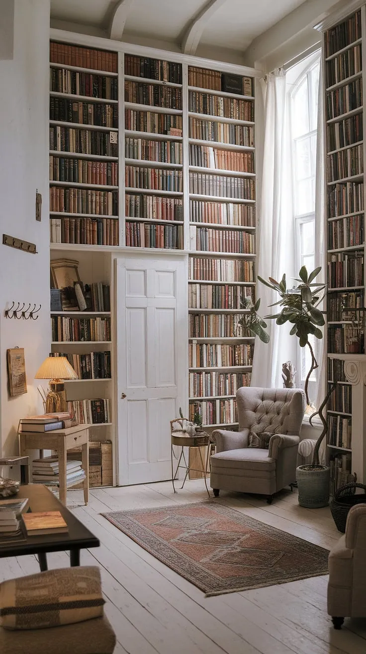 This dream book room embodies the perfect blend of rustic library room charm and calm library aesthetic.  Natural light floods this light and airy library, illuminating the overflowing bookshelves and cozy reading nook by the fireplace.  Home library ideas are effortlessly realized in this space, complete with a library with plants and a cozy library aesthetic that invites relaxation.  A true inspiration for houses with libraries.