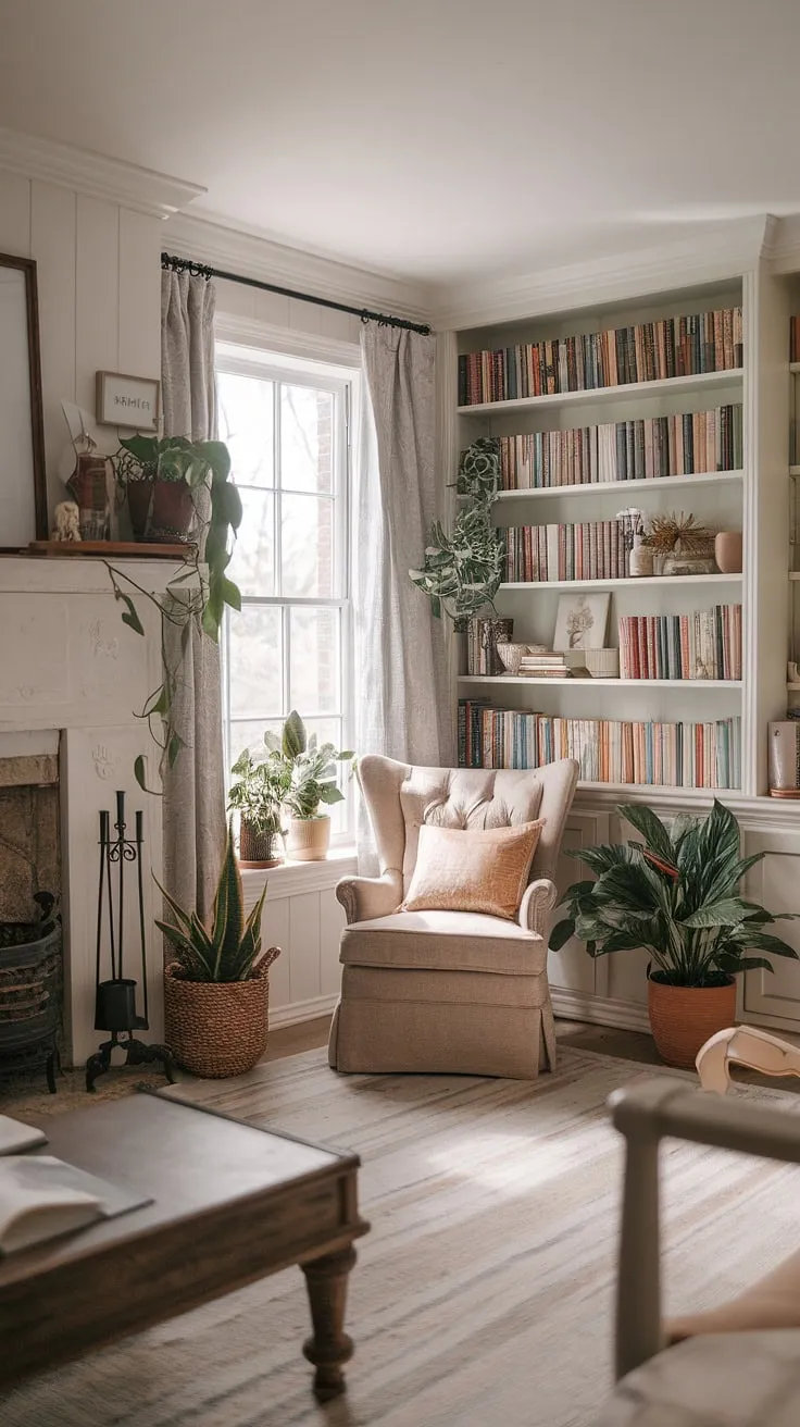 Escape to this tranquil rustic library room, a haven of calm amidst the everyday.  The reading nook by the fireplace, bathed in light and airy ambiance, invites quiet contemplation.  This dream book room, brimming with plants and showcasing cozy library aesthetic, offers the perfect home library ideas for houses with libraries.