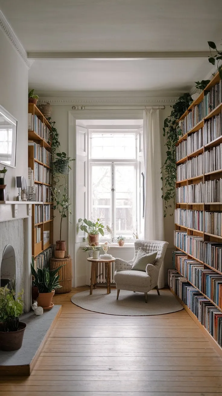 Escape to this rustic library room, a haven of calm where the light and airy atmosphere invites quiet contemplation.  The reading nook by the fireplace, nestled amongst overflowing bookshelves and vibrant plants, embodies the perfect cozy library aesthetic.  This dream book room offers endless home library ideas for those seeking a sanctuary of peace; a true testament to houses with libraries designed for the soul.