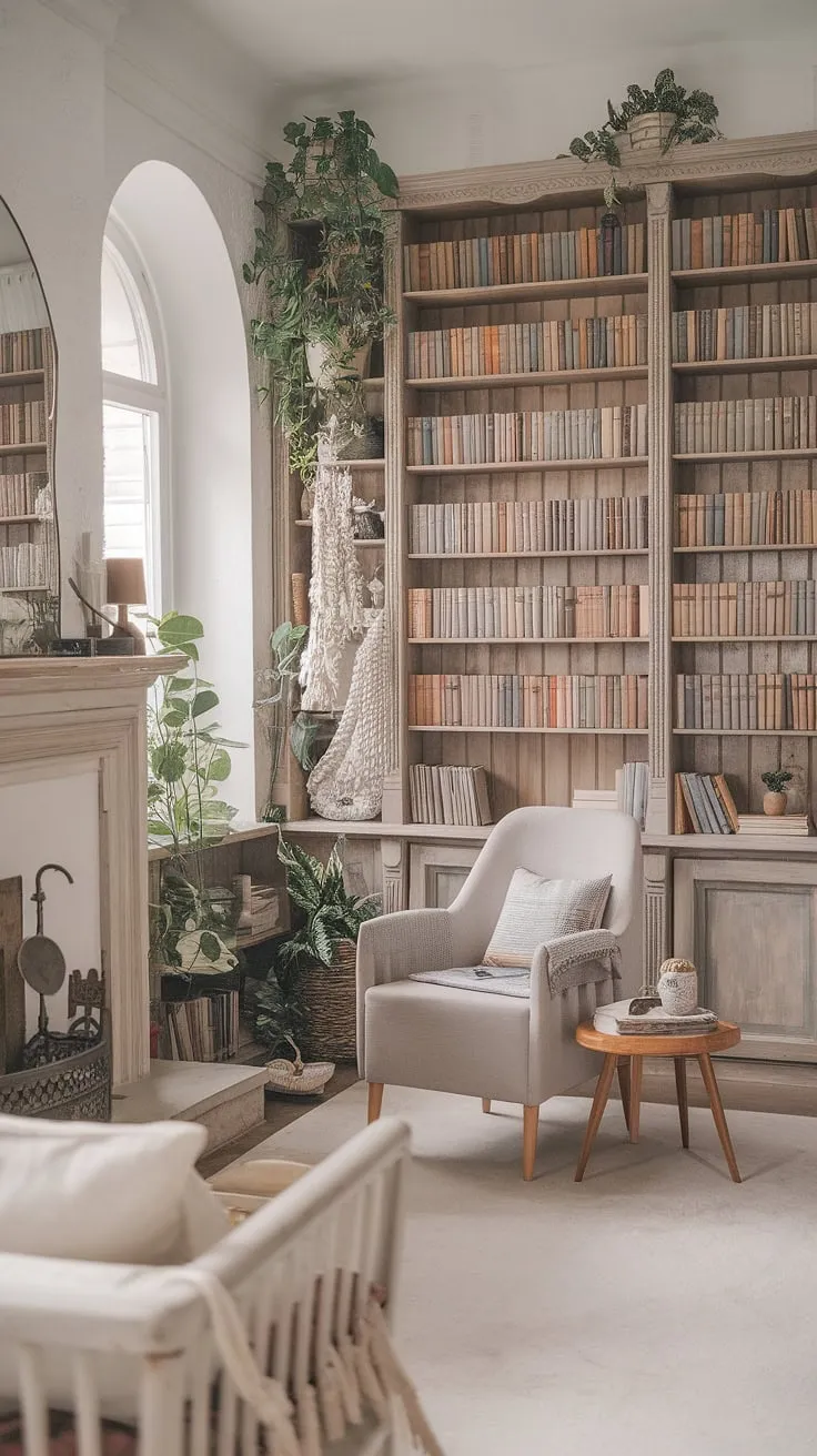 Imagine your own rustic library room: a light and airy library filled with the scent of old books and the warmth of a fireplace. This calm library aesthetic, complete with a cozy reading nook by the fireplace and lush library with plants, is the ultimate dream book room.  Discover home library ideas that will transform your house into a haven of tranquility, perfect for those who love houses with libraries.