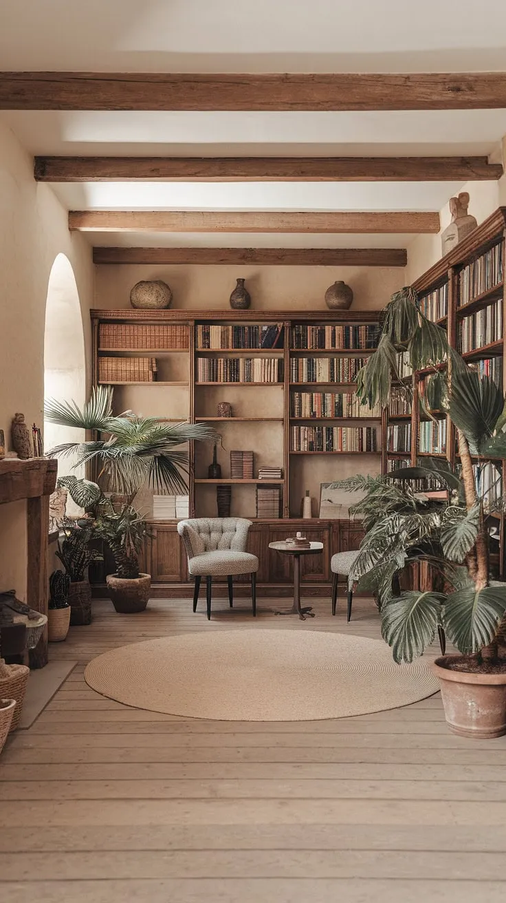 Imagine curling up in the reading nook by the fireplace of this light and airy library. This rustic library room, filled with the scent of old books and the gentle rustle of leaves from the library with plants, offers the ultimate calm library aesthetic.  It's the dream book room, a perfect example of home library ideas for houses with libraries that value both beauty and tranquility.