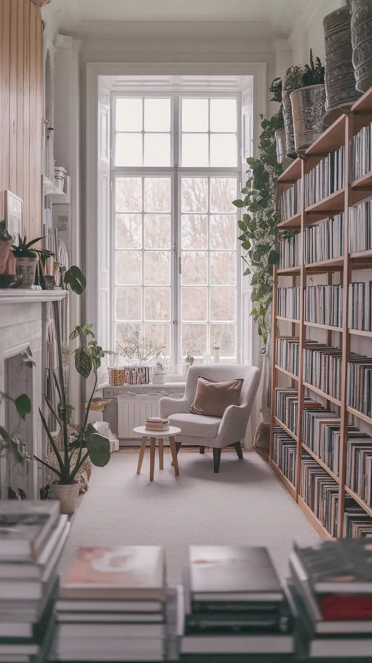 Imagine curling up in this reading nook by the fireplace, surrounded by the calm library aesthetic of your own dream book room. This light and airy library, a perfect example of home library ideas, is a rustic library room filled with the comforting scent of old books and the gentle rustle of leaves from the library with plants.  The epitome of cozy library aesthetic in a house with libraries.