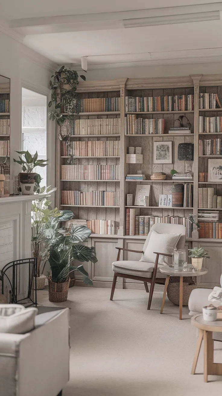 Escape to this light and airy library room, a haven of calm library aesthetic.  The rustic library room, complete with a reading nook by the fireplace and library with plants, offers the perfect cozy library aesthetic.  It's a dream book room, brimming with home library ideas, showcasing the beauty of houses with libraries.